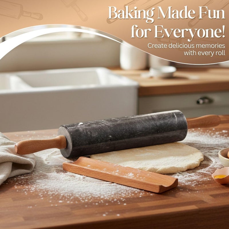 Flexzion Black Marble Rolling Pin, 10-inch with Wooden Handle and Holder Base Stand, Marble Rolling Pin for Baking Pastry Pizza Dough Roller Fondant Cookie Pie Crust Pasta Bakery Roller Pin - Image 5